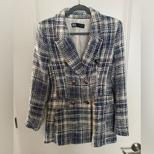 Zara Tweed White/blue/tan blazer double breasted size small